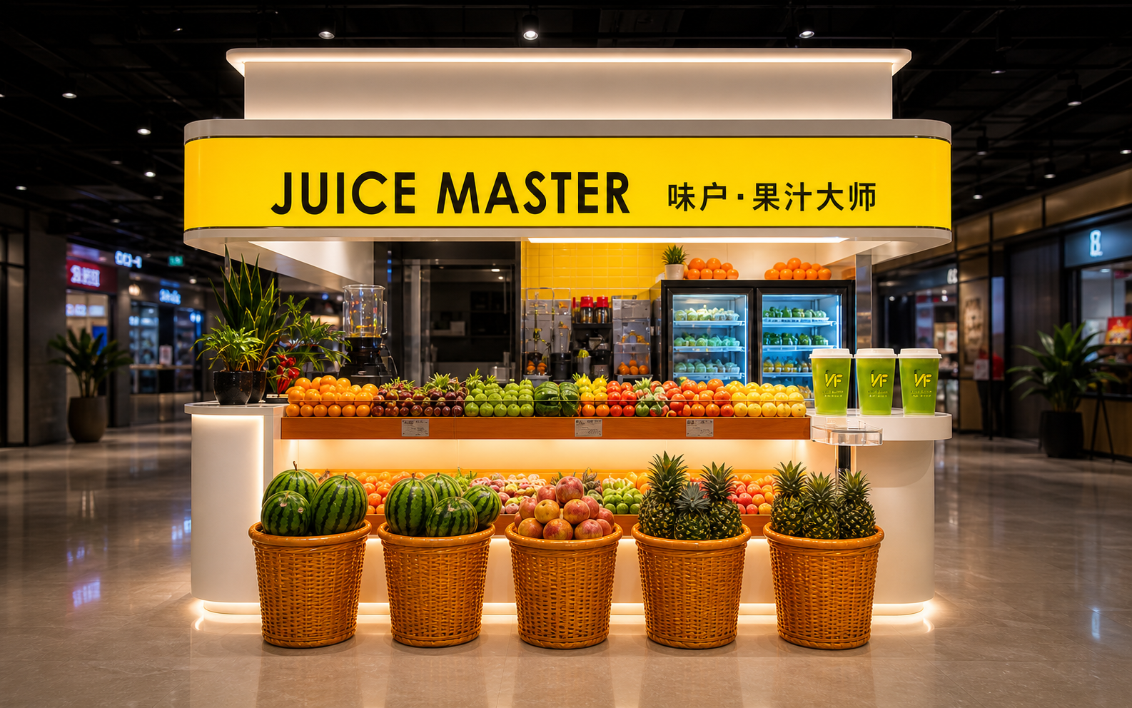 居中呈现的味户果汁大师黄色门店与丰富鲜果陈列
